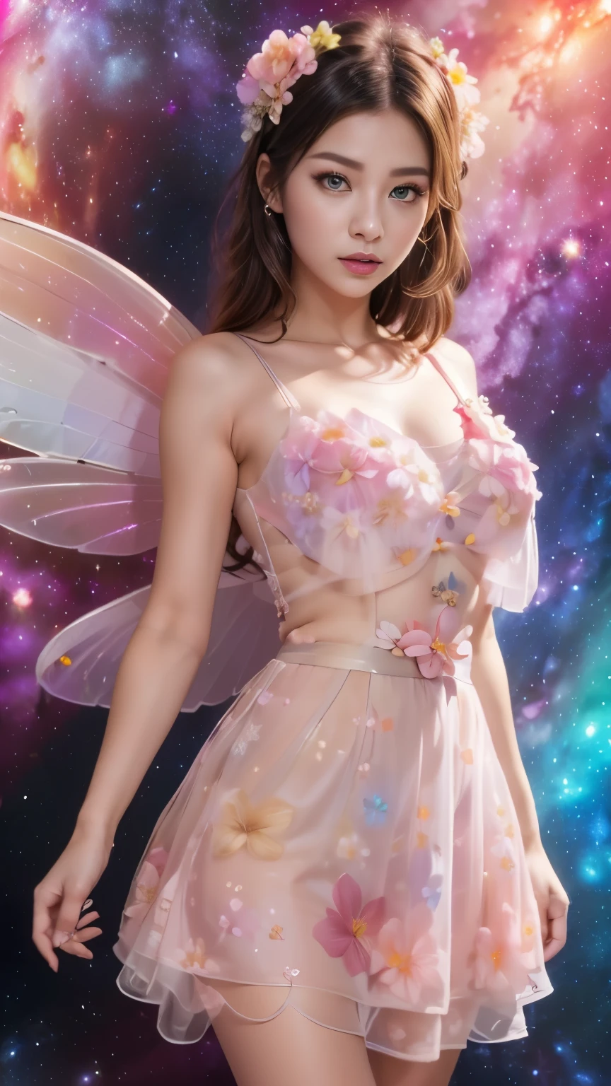 masterpiece,Best image quality,super detail,best quality ,very delicate and beautiful, very detailed,best quality, official art, very detailed CG 통합 8k 벽지, Lee Hwang, The file size is huge , very detailed,blonde hair, blue eyes,bright eyes,The most beautiful appearance,charming smile,My face turned red.,very delicate and beautiful, Beautiful chest ball,perfect breast shape,4K ultra high definition, masterpiece, female, nice face, delicate eyes, delicate lips, Flower Fairy Girl, large wing, transparent wings, neon lights, (galaxy background:1.5), (floral dress:1.8), (pink skirt:1.5), In Heaven,
