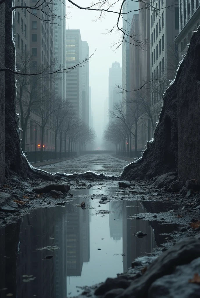 Please can you make me an image that is a mirror broken around the edges and that inside you can see a city with colors mostly in a not very dark gray scale?