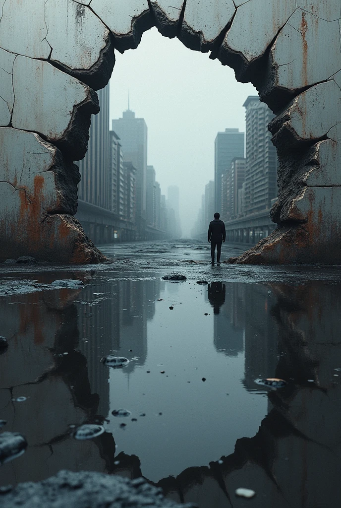 Please can you make me an image that is a mirror broken around the edges and that inside you can see a city with colors mostly in a not very dark gray scale?