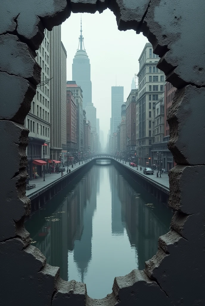 Please can you make me an image that is a mirror broken around the edges and that inside you can see a city with colors mostly in a not very dark gray scale?