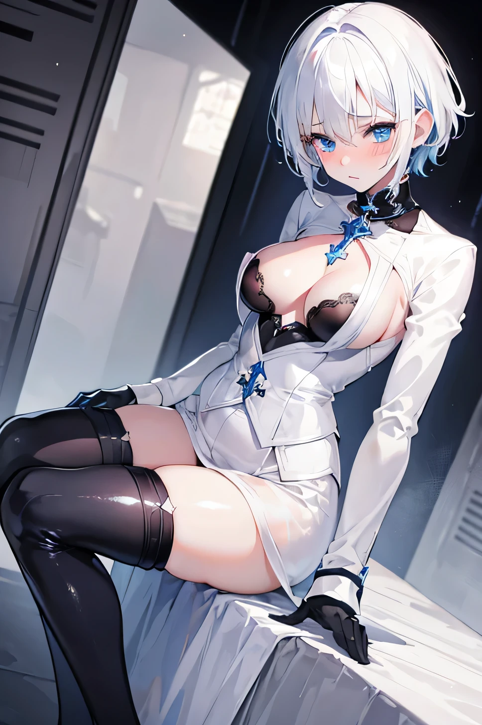 Blue eyes, white hair, very short hair, cross-dressing, knight, black gloves, pants, beautiful girl, surprised, blushing, teary eyes, changing clothes, cute, worried eyebrows, nipples, legs, stockings, black highlight color