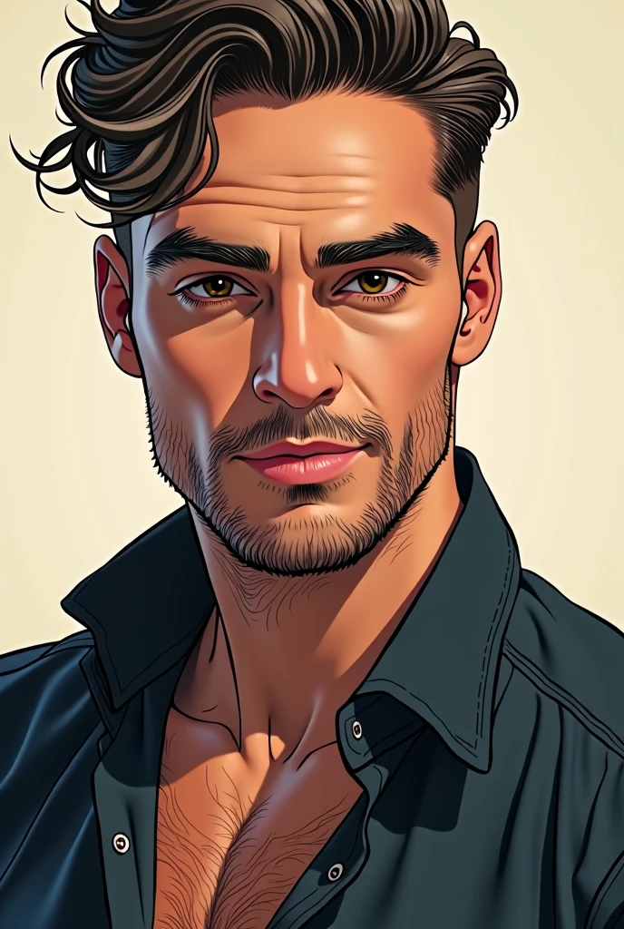Man in his mid-30s、He has a slight beard.、Barber style、Mole under eye、Slightly smiling、
Sexy feeling、An illustration