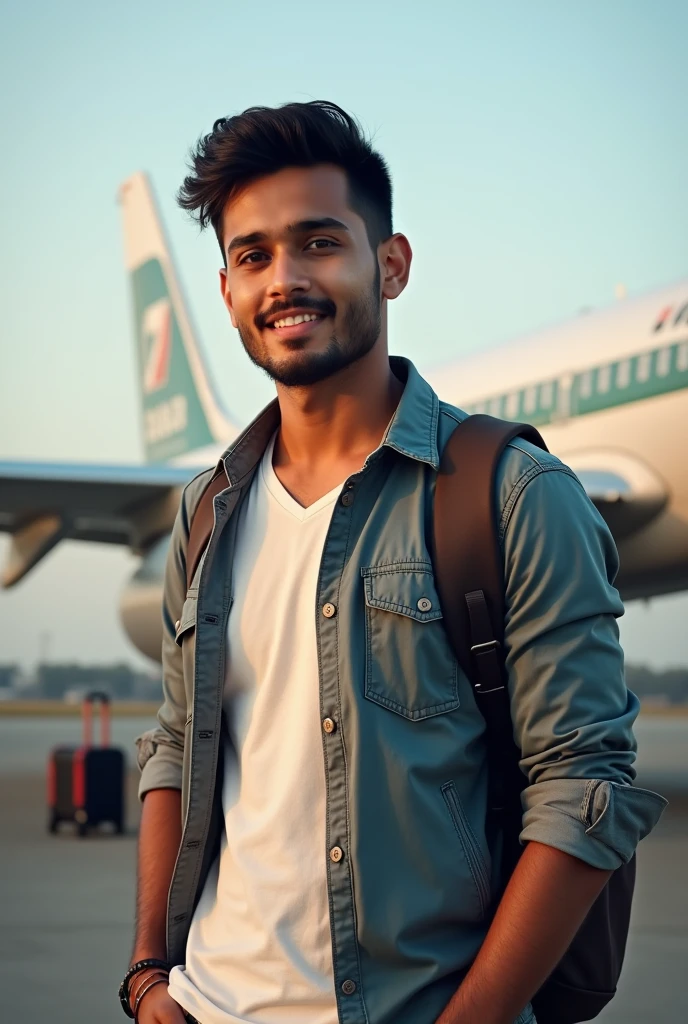 20 year old Indian boy handsome wearing normal dress posing for aeroplane in background