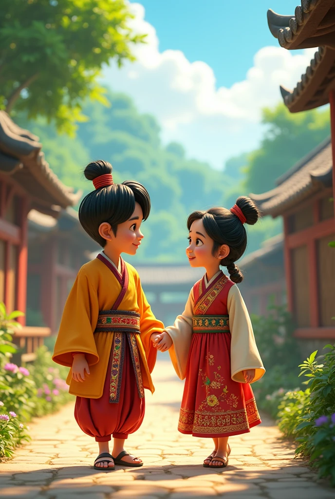 3d cinematic cartoon style image of "A peaceful village with houses and lush greenery. Ramū and Shyāmū, dressed in traditional attire, are happily chatting and walking towards the mела."