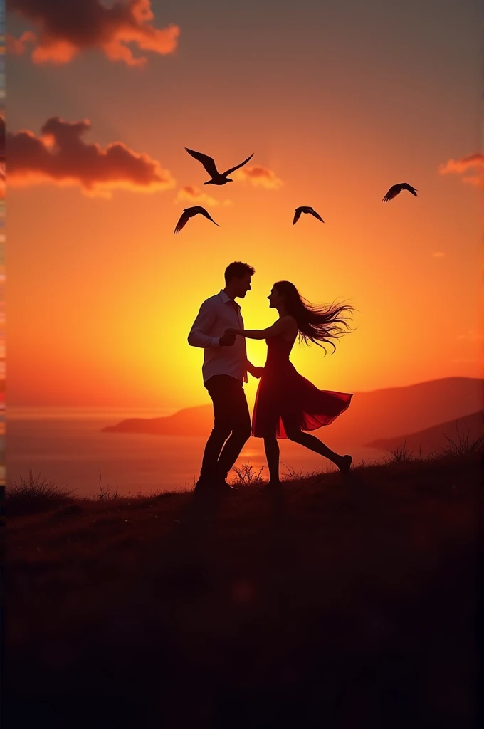 Couples danceing the night away at sunset in a on a beautiful hill top with birds flying
