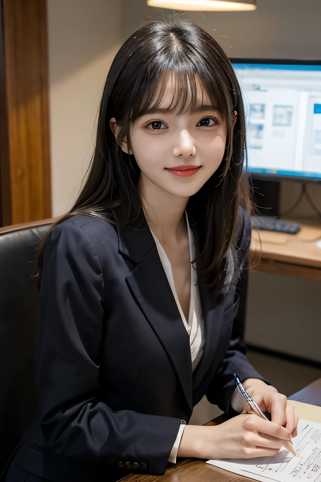 tabketop,masterpiece, best quality, highres, HDR, 8k, a very beautiful japanese girl in suit at office, black hair, bangs, focused face,smile,happy