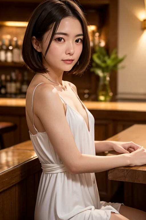 ((extreme close up)), side view, watching camera, A sophisticated bar setting exudes an atmospheric glow, featuring stylish dim lighting and a cozy ambiance. In sharp focus,  a thin Japanese actress in her 20s, with tied medium, loosely curled brown hair, sits on a bar stool. Dressed in a white plunging neckline tight long dress, licking a short cocktail. inviting me to drink together, The scene captures an elegant, intimate mood, enriched by warm lighting and rich textures, creating a masterpiece of visual allure., from side, UHD, masterpiece, anatomically correct, textured skin, super detail, nipple slip
