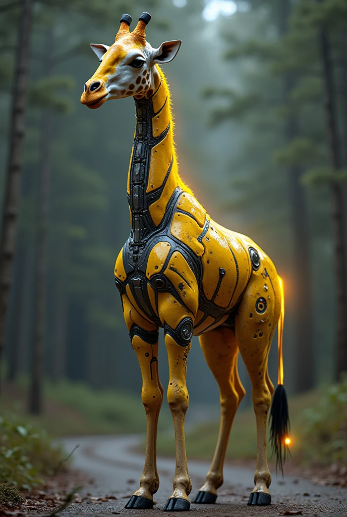 Giraffe with transformers costume with yellow neon light glowing and helmet in standing in two legs