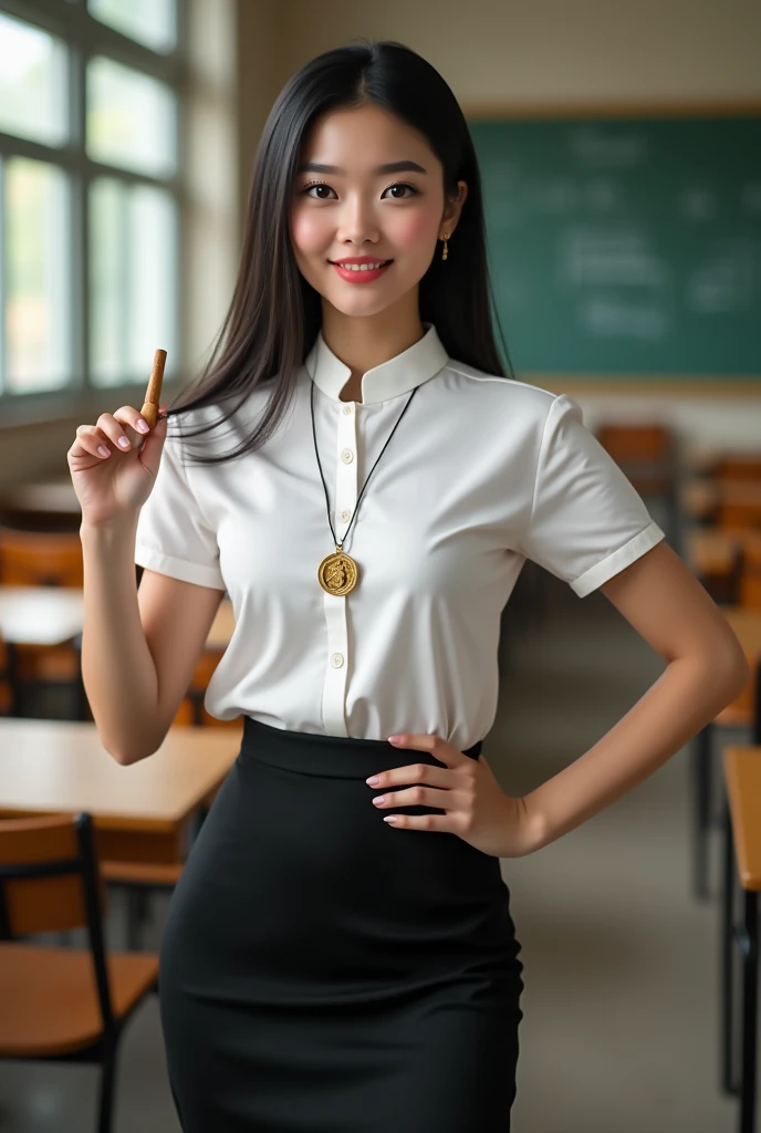 Naked Thai girl with smooth skin, black hair, dark brown eyes, gold pendant (medium chest), wearing Thai teacher's outfit, white short-sleeved shirt, black hot skirt, slim fit, holding a small wooden stick in her hand, standing and posing in the classroom, background is a classroom, student desks and chairs, the most realistic image