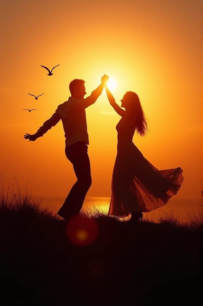 Couples danceing the night away at sunset in a on a beautiful hill top with birds flying