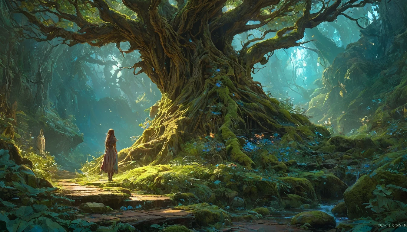 (anime, fantasy, sentient tree), (detailed CG unity 8k wallpaper, masterpiece, best quality, highly detailed, HDR:1.2), an girl wandering old forest, old weathered tree, wisdom, heavenly atmosphere. {4k texture} {detailed landscape} {side angle shot}, vibrant color, intricate, ethereal lighting. From Brian Froud and Carne Griffiths and Wadim Kashin and John William Waterhouse