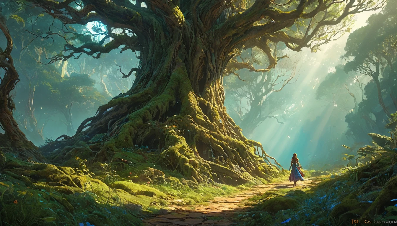 (anime, fantasy, sentient tree), (detailed CG unity 8k wallpaper, masterpiece, best quality, highly detailed, HDR:1.2), an girl wandering old forest, old weathered tree, wisdom, heavenly atmosphere. {4k texture} {detailed landscape} {side angle shot}, vibrant color, intricate, ethereal lighting. From Brian Froud and Carne Griffiths and Wadim Kashin and John William Waterhouse