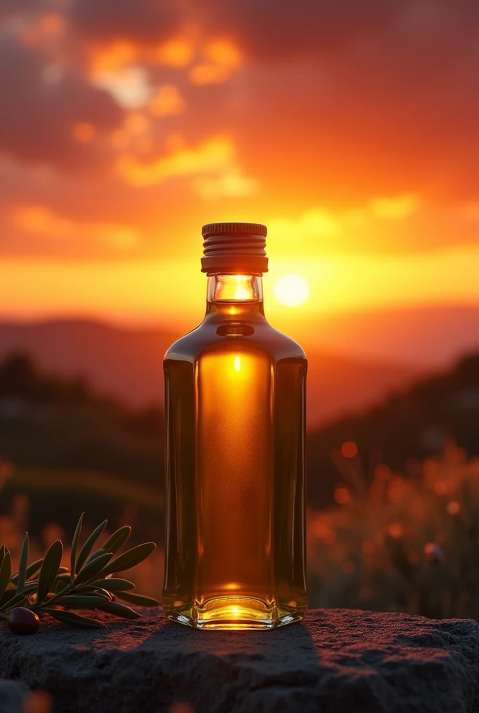 A half-open bottle of olive oil in a landscape with a very striking sunset without a label