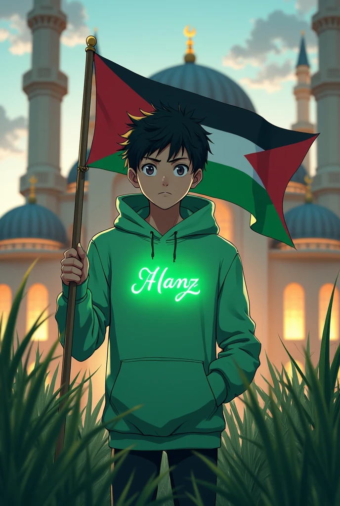ANIME MALE IN FRONT OF A MOSQUE HOLDING A PALESTINIAN FLAG AND WEARING A LIGHT GREEN HOODIE WITH WRITING "HANZ" WITH A NICE FONT AND IT LIGHTS UP IN GREEN AND THERE ARE WIND EFFECTS AND LOTS OF GRASS