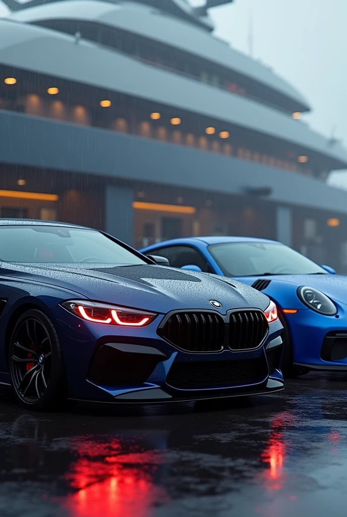 moon black bmw m8 compitition front look with carbon fibre touch up red led headlights on luxury yatch, fog,little rain,and blue matlic Porsche gt 911 with full body kit beside
