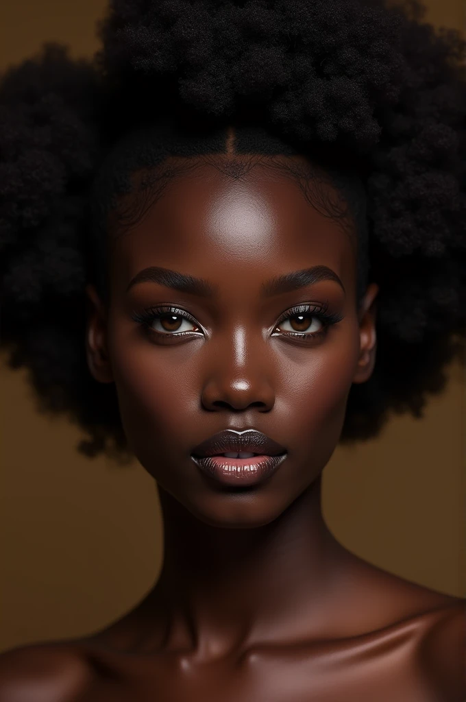 The embodiment of African beauty, her skin a deep, velvety ebony and her eyes a mesmerizing shade of brown, radiating confidence and allure. (Hyper skin texture)