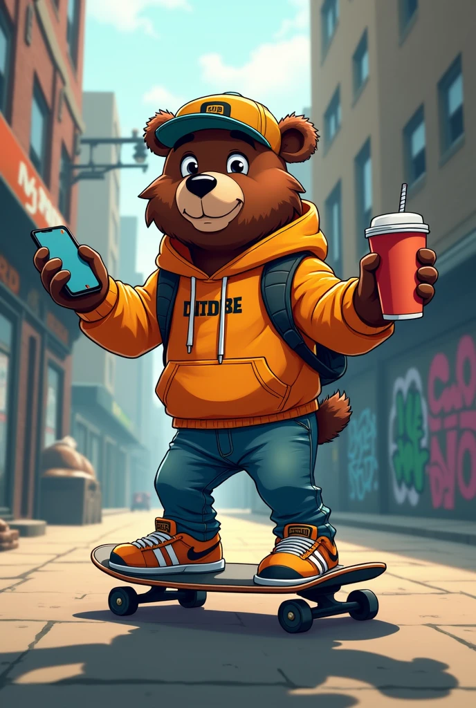 Cool bear with Hoodie and Basecap ,ON a Skateboard,in Hand Smartphone and Something to Drink,on street, cartoon, grafitti cinematic