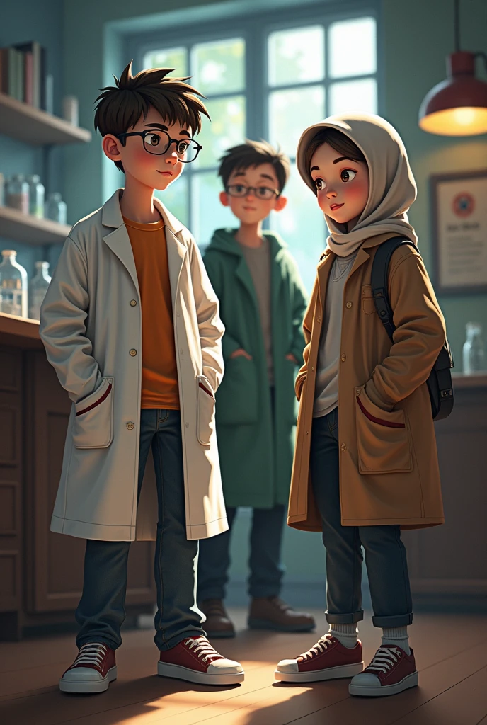 Three people, boy with scienctist clothes, and one boy with teacher clothes , one girl With hijabi and detective clothes