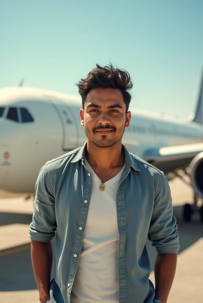 20 year old Indian boy handsome wearing normal dress posing for aeroplane in background