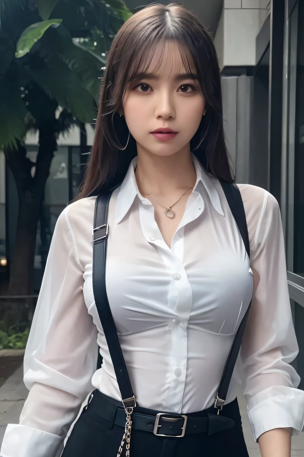 Secretary_uniform
white_shirt
black_leather_skirt
black_stockings ((Cleavage visible, E-cup size)), ((Close shot)), street scene, street shot, night, Standing posture, Very nice leg, Beautiful woman, long flowing hair, sparkling eyes, confident pose, random Angle, slender and toned legs, soft ambient lighting, warm inviting color palette, rich gold and beige tones, soft pastels, high-quality, realistic, detailed, 8k resolution.
