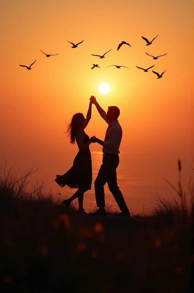 Couples danceing the night away at sunset in a on a beautiful hill top with birds flying