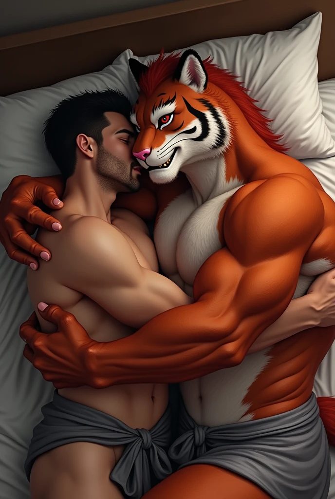 furry biped muscular handsome reddish tiger pink nipples grey loincloh smile red eyes laying in bed hug kiss male human male

