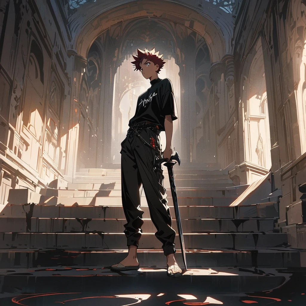 solo boy,agers,red spiked hair,full body,background like the one written in ink,He holds the hilt of the sword on his waist and steps on one foot,hand righting anime style,masterpiece,best quality,ultra-detailed, illustration, detailed light,an extremely delicate and beautiful,