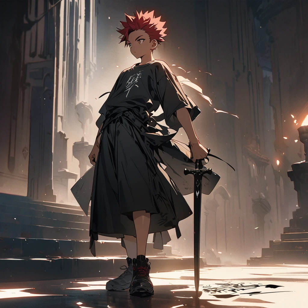 solo boy,agers,red spiked hair,full body,background like the one written in ink,He holds the hilt of the sword on his waist and steps on one foot,hand righting anime style,masterpiece,best quality,ultra-detailed, illustration, detailed light,an extremely delicate and beautiful,