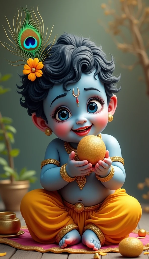 Cute  Lord krishna eating ladoos and a peacock feather on his head