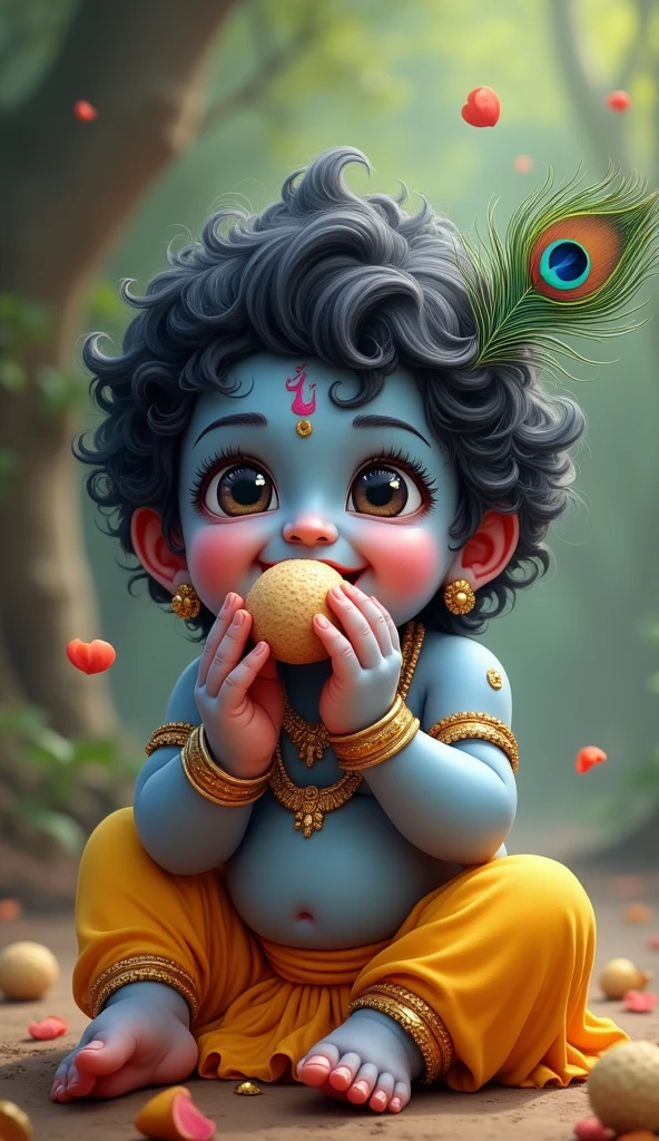Cute Child Lord krishna eating ladoos and a peacock feather on his head