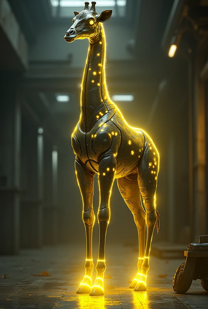 Giraffe with transformers costume with yellow neon light glowing and helmet in standing up in two legs