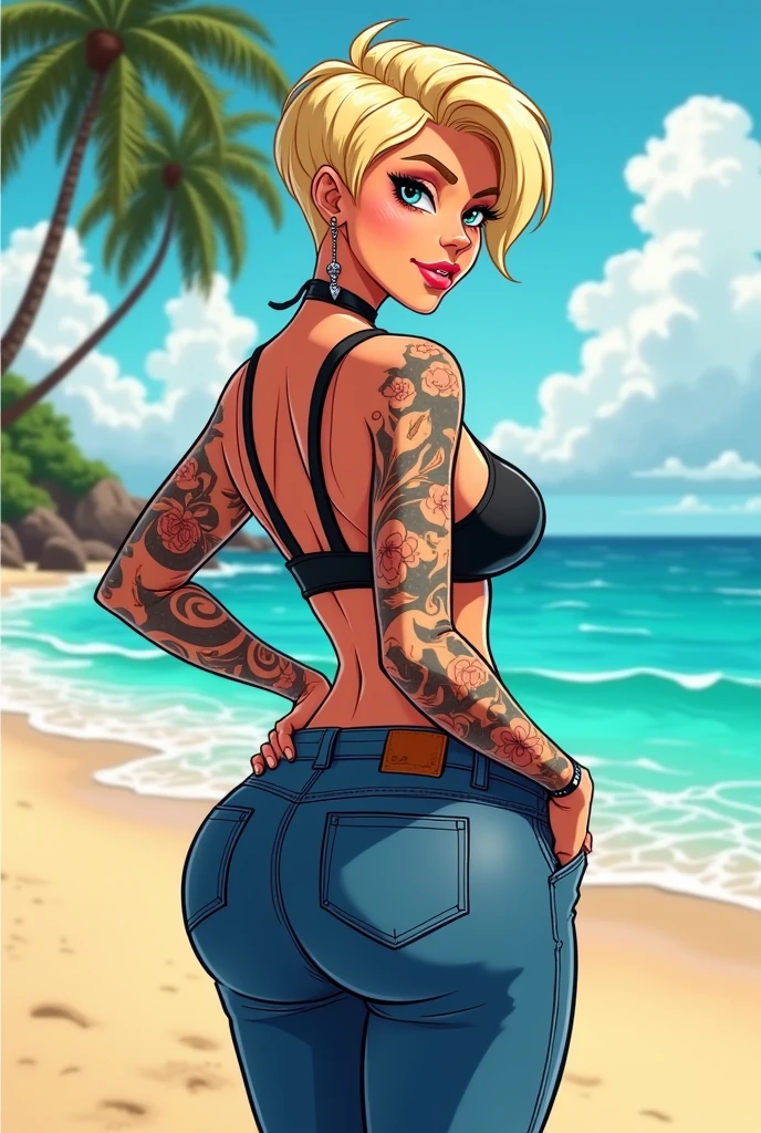 a tanned pretty face girlie cartoon woman with flat stomach wide hips curvy
body with big breast and big bum
with full body tattoos stomach, neck and arm tattoos with green
eyes and short blonde pixie cut hair wearing tight fitted high waisted jeans with a bra top looking back at the beach