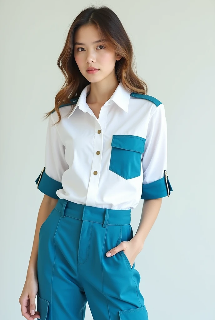 Youth women&#39;s uniform with a white shirt with details and left pocket in cyan blue and folded sleeve cuffs in cyan blue fashion three-quarter sleeve cargo style and high-waisted cyan blue pants of the same shade as the shirt and with a youthful cargo style equal to the previous image 
