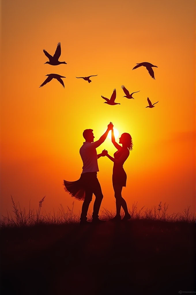 Couples danceing the night away at sunset in a on a beautiful hill top with birds flying