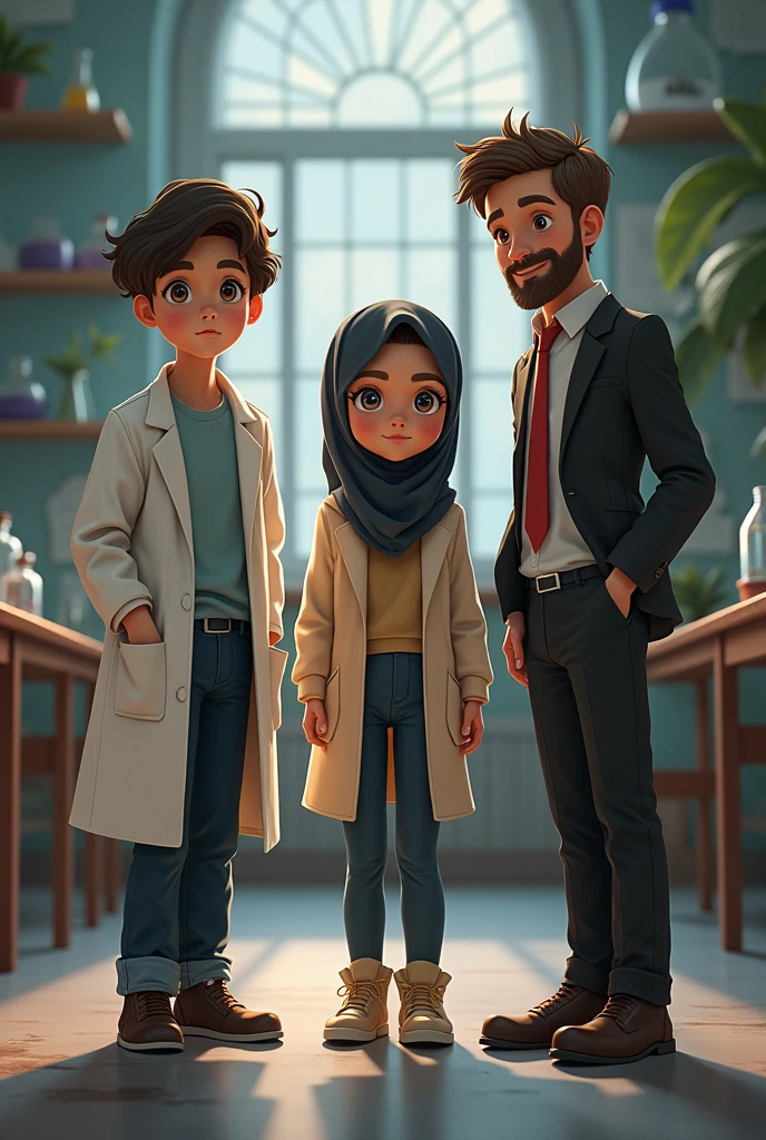 Three people, boy with scienctist clothes, and one boy with teacher clothes , one girl With hijabi and detective clothes