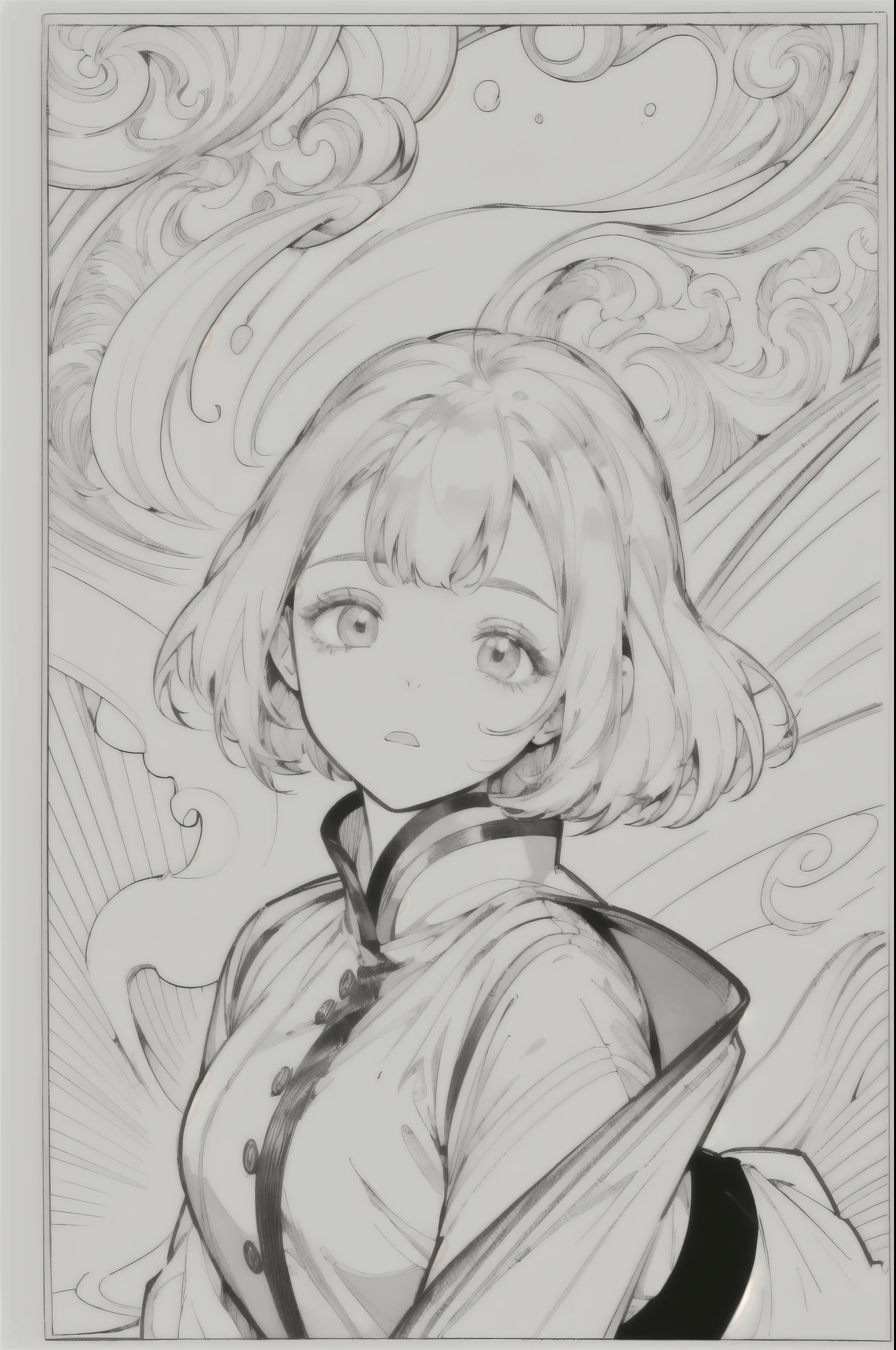 ((As a coloring book, the colors should be white and black, the border should be simple, clear, distinct and thick lines)). Cartoon picture book of beautiful Asian girl with short golden hair, clear skin, one girl, close up of head, cosmos background, clean line drawing
