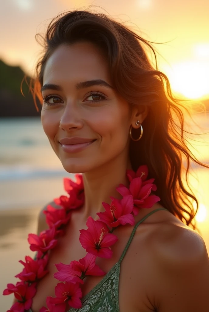 a scene in 8k hyper realistic HDR photo of a 24 year indiqn girl smiling bindi on head size 38 breast and in the background the beach at golden time, angle of a camera Sony 55mm