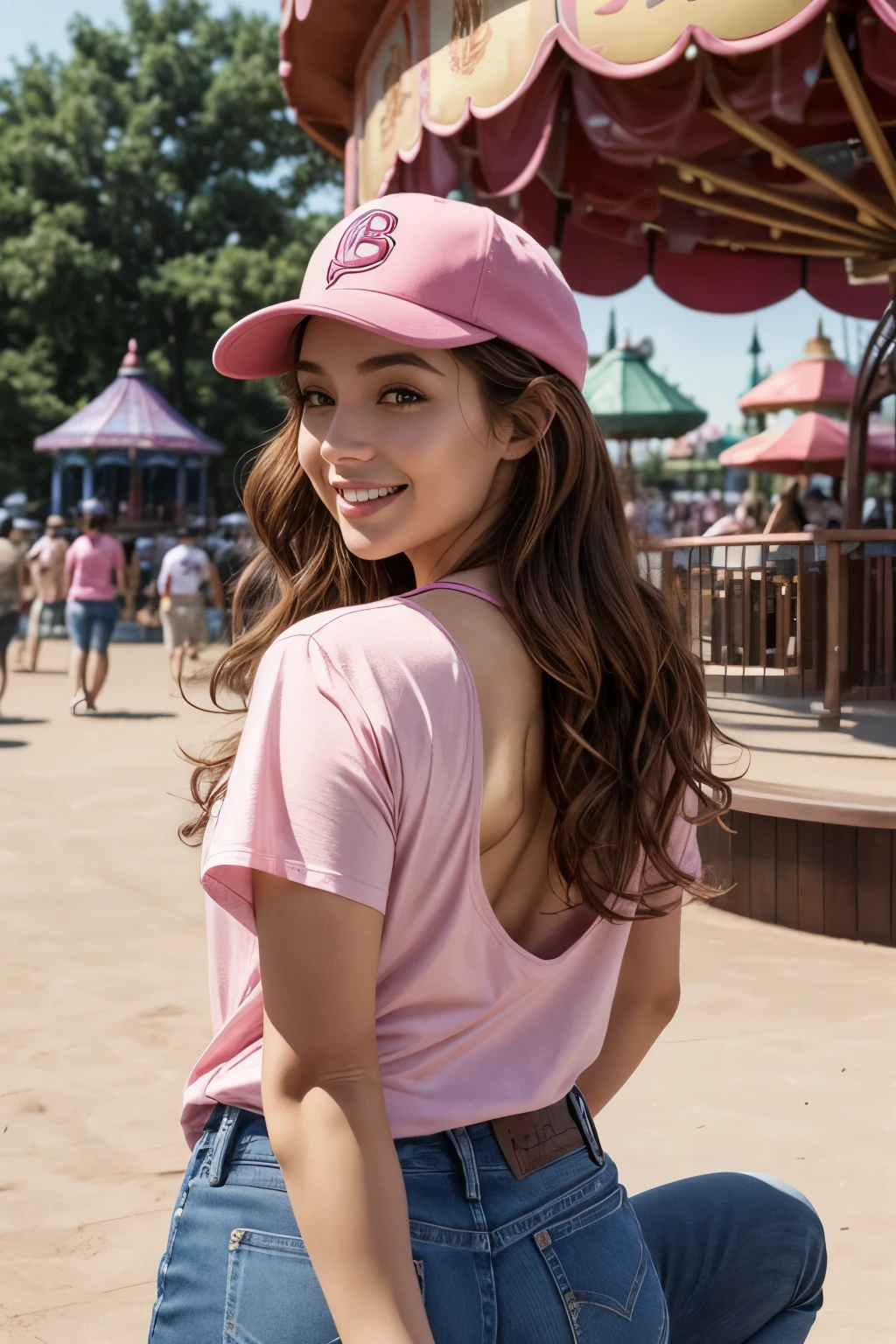 best quality、4K、perfect face、perfect style、perfect body、sunburn、beautiful lady、mature、long curly brown hair、Hair turned back、whole body, sexy 、attractive、healthy、baseball cap with curves、A dizzying smile、jeans、Pink shirt、At the amusement park、I&#39;m eating ice cream