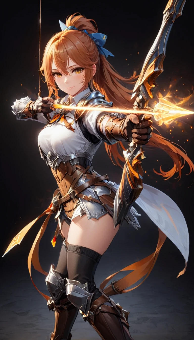 One person, alone, shield, arms, Knee socks, Extremely skilled, gloves, boots, Long Hair, Black background, armor, brown-gloves, ponytail, Orange Hair, full body gun, ribbon, Holding, Simple Background, Holding-arms, View your viewers, hair-ribbon, black-Knee socks, Brown footwear, smile, Brown eyes, shirt, Yellow Eyes, Are standing, Shorts, Knee pads, blue-ribbon, belt, shoulder-armor, white-shirt, Best, ((Spear and Shield)), (() 1.2)