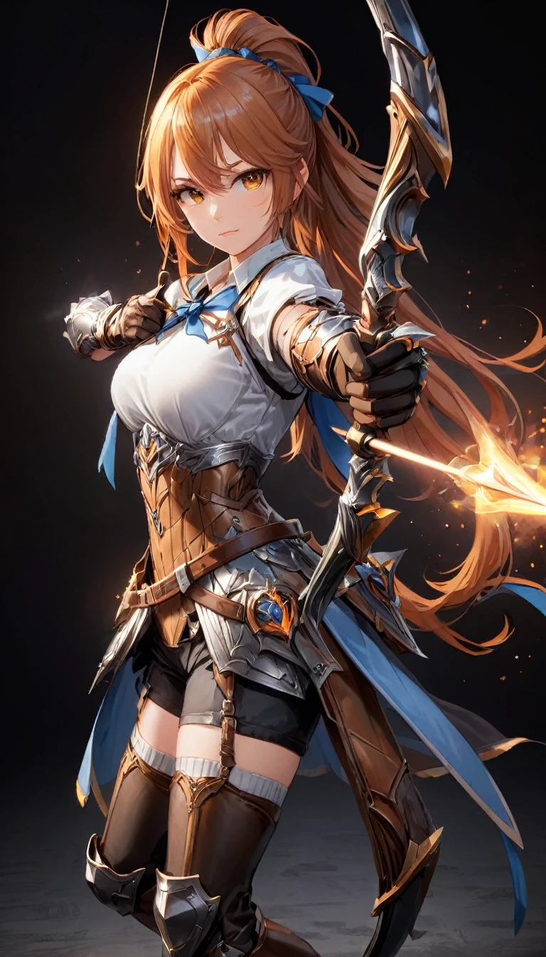 One person, alone, shield, arms, Knee socks, Extremely skilled, gloves, boots, Long Hair, Black background, armor, brown-gloves, ponytail, Orange Hair, full body gun, ribbon, Holding, Simple Background, Holding-arms, View your viewers, hair-ribbon, black-Knee socks, Brown footwear, smile, Brown eyes, shirt, Yellow Eyes, Are standing, Shorts, Knee pads, blue-ribbon, belt, shoulder-armor, white-shirt, Best, ((Spear and Shield)), ((Big Breasts) 1.2)