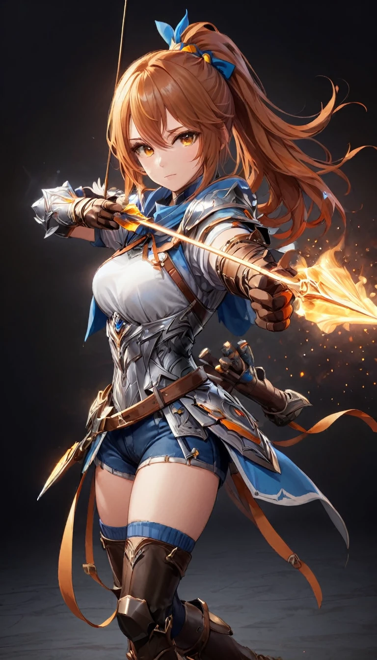 One person, alone, shield, arms, Knee socks, Extremely skilled, gloves, boots, Long Hair, Black background, armor, brown-gloves, ponytail, Orange Hair, full body gun, ribbon, Holding, Simple Background, Holding-arms, View your viewers, hair-ribbon, black-Knee socks, Brown footwear, smile, Brown eyes, shirt, Yellow Eyes, Are standing, Shorts, Knee pads, blue-ribbon, belt, shoulder-armor, white-shirt, Best, ((Spear and Shield)), ((Big Breasts) 1.2)