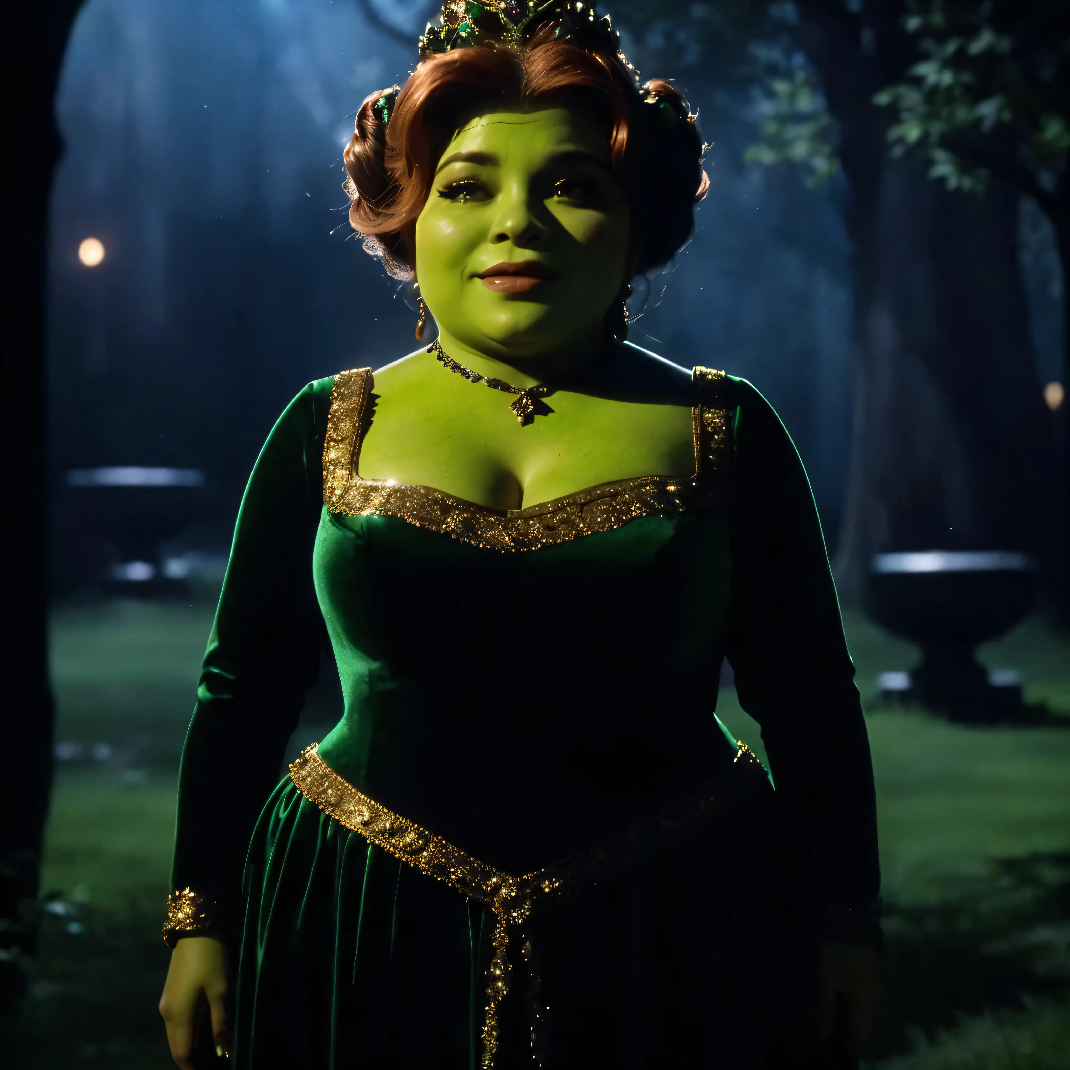 DVD screengrab, from 1967 film, a plump woman look exactly like "princes Fiona From Movie of SHREK" with unusual green skin standing in a dimly lit park at night. She wears a long, elegant dark green dress with gold trim, her auburn hair styled in a messy updo. The moonlight casts faint shadows across her face, highlighting her round features and slightly pointed ears. Her posture is regal yet approachable as she stands alone in the shadowy yard, surrounded by the silhouettes of trees and bushes. The overall style is a DVD screengrab, from 1982 grainy film, low lighting. --ar 1:1