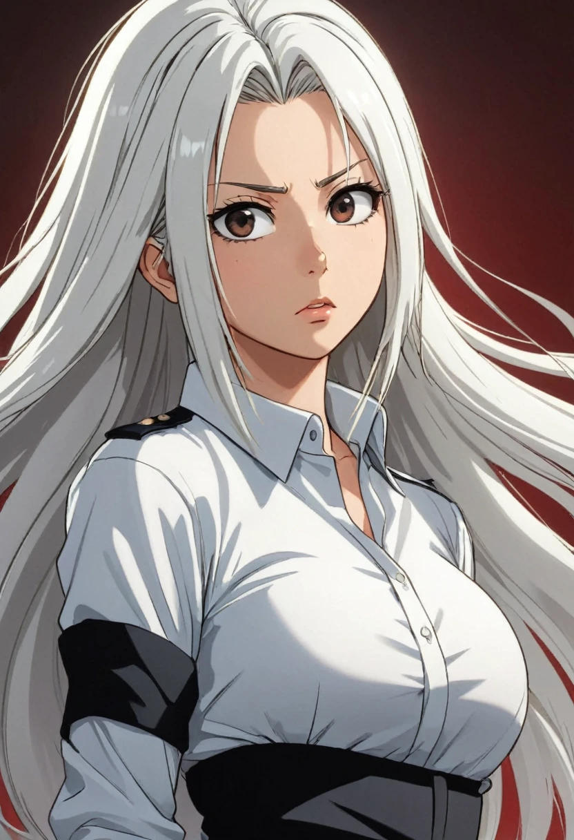 score_9, score_8_up, score_7_up, score_6_up, score_5_up, score_4_up, source_cartoon, rating_safe, by Kohei Horikoshi, 1girl, body shot, pale skin, beauty mark under one eye, curious expression, large eyelashes, white shirt, big breasts, black pants, long straight white hair, detailed, artstyle of my hero academia