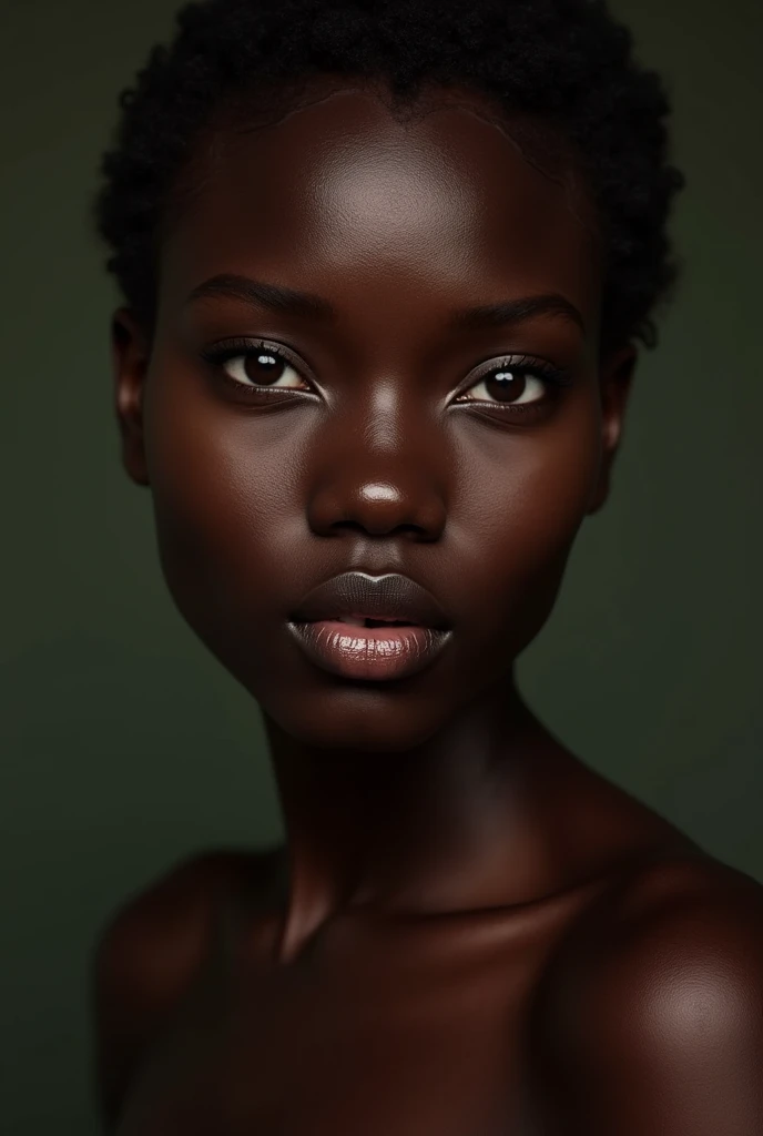 The embodiment of African beauty, her skin a deep, velvety ebony and her eyes a mesmerizing shade of brown, radiating confidence and allure. (Hyper skin texture)