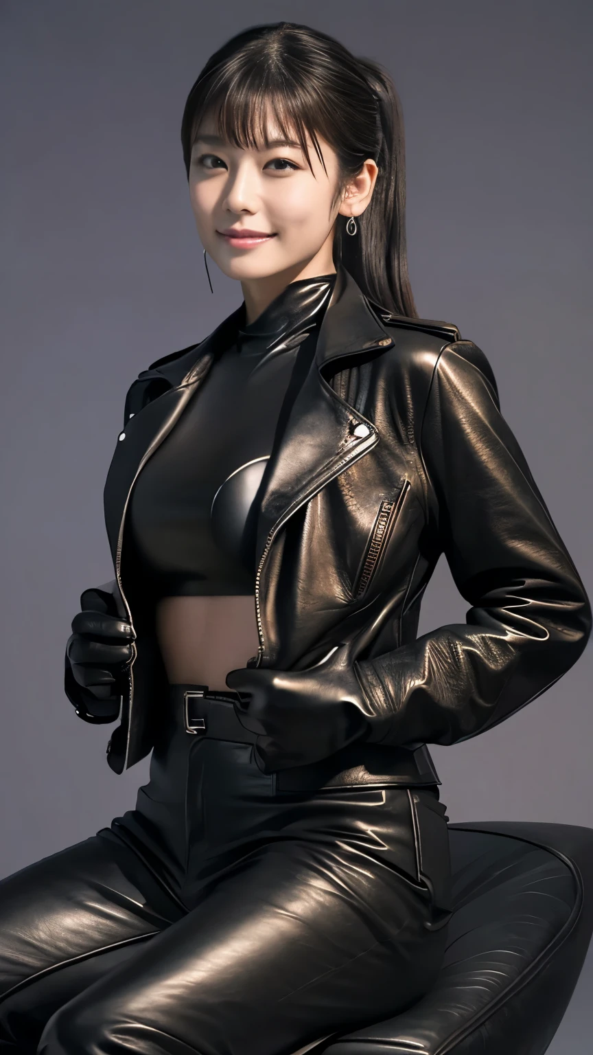 black leather rider jacket, Office in the Dark, Black leather gloved fingertips on both hands,Wearing black leather gloves,Sitting in a black leather chair、 Japanese female new recruits (Black leather gloves cover both hands) (The angle is horizontal)、Black Leather Pants,Black Leather Black Leather Pants,Black Leather Skinny Pants、very tight fit. Long black leather boots on both feet、Black hair ponytail ((He wears black leather gloves on his hands))Full Body Photo,full body shot full body full body leather suit,☺Leather pants tucked into long boots、Full body shot from head to foot、very tight fit. If you turn in this direction。Wearing black leather gloves,Wearing black leather gloves,Wearing black leather gloves,Wearing black leather gloves,Wearing black leather gloves,Wearing black leather gloves,黒のレザーパンツが美しい😍黒のレザーパンツが美しい😍黒のレザーパンツが美しい,😍Smiling while looking at me,City lights、((Neon Cyberpunk City Street:1.3))、(Neon Light)、Detailed lighting、
Best image quality、Ultra-high resolution、(realism:1.4)、Korean Beauty Star、The most beautiful KPOP stars、face、Horny Korean Makeup、A body that makes you want to touch it、Realistic leather texture、Costume made of smooth leather fabric、The drape of the curved parts of the leather fabric、The costume is very shiny、Quality of the costume、8K Photo Quality
