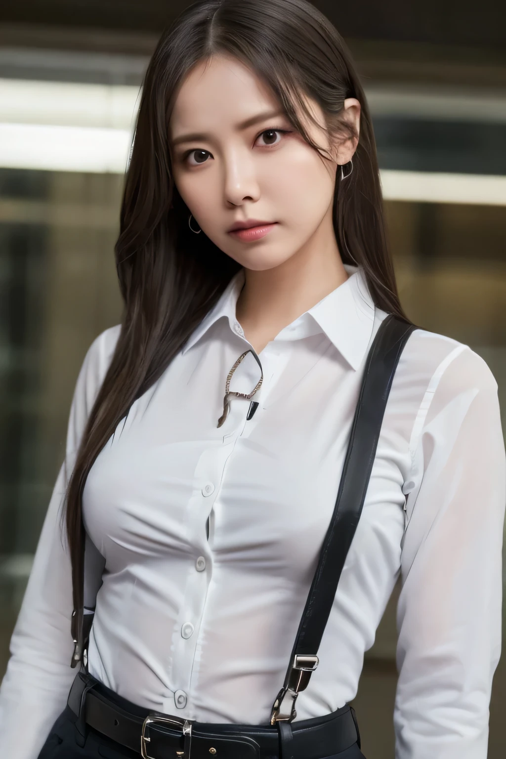 a woman in a suit, belt, hands behind back, sweating, suspenders, black pants, sexly, large breasts, see-through clothing, rain, detective, office worker, white button-up shirt, (best quality,4K,8k,highres,masterpiece:1.2),ultra-detailed,(realistic,photorealistic,photo-realistic:1.37),hyper-detailed,highly detailed face and body, Slender thin suspenders Moderate breasts See-through shirt Nipples holster chain Pistol Armament criminal Female criminal knife