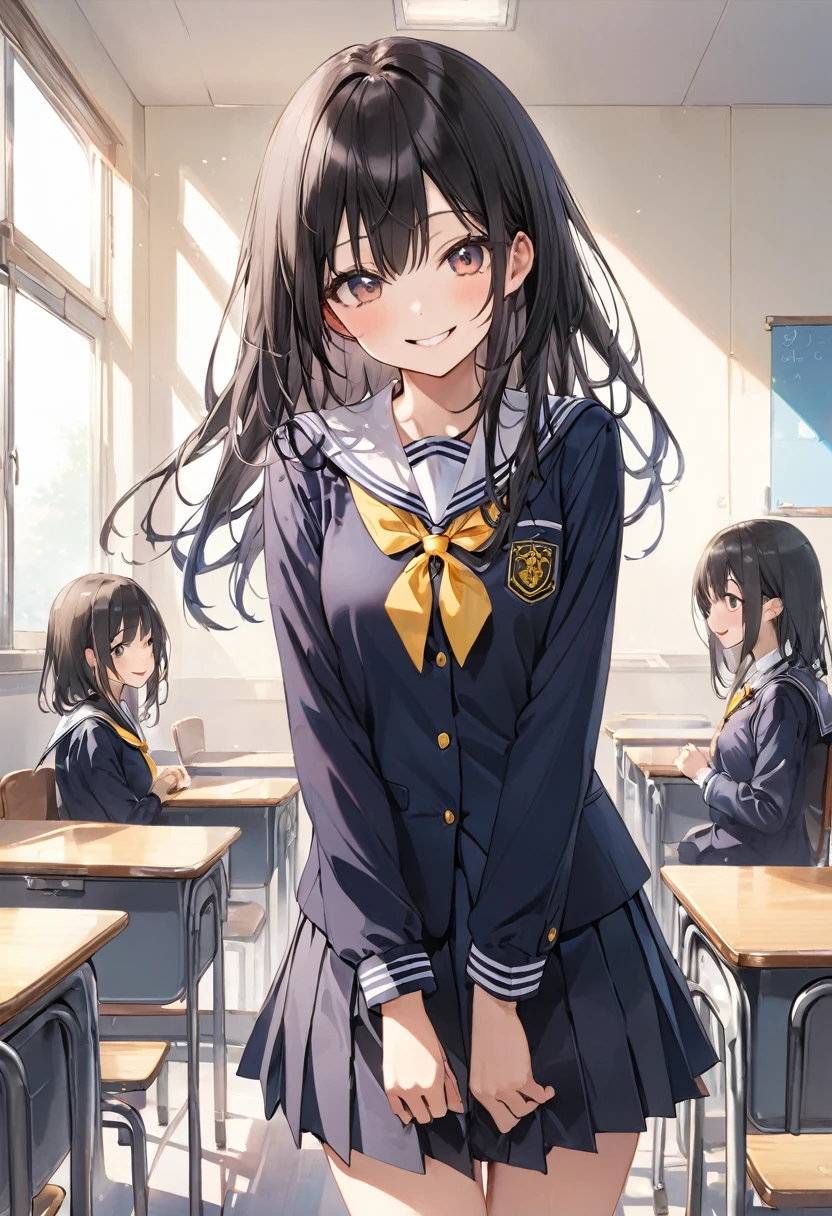 Black Hair、school uniform、classroom、smile、Slender