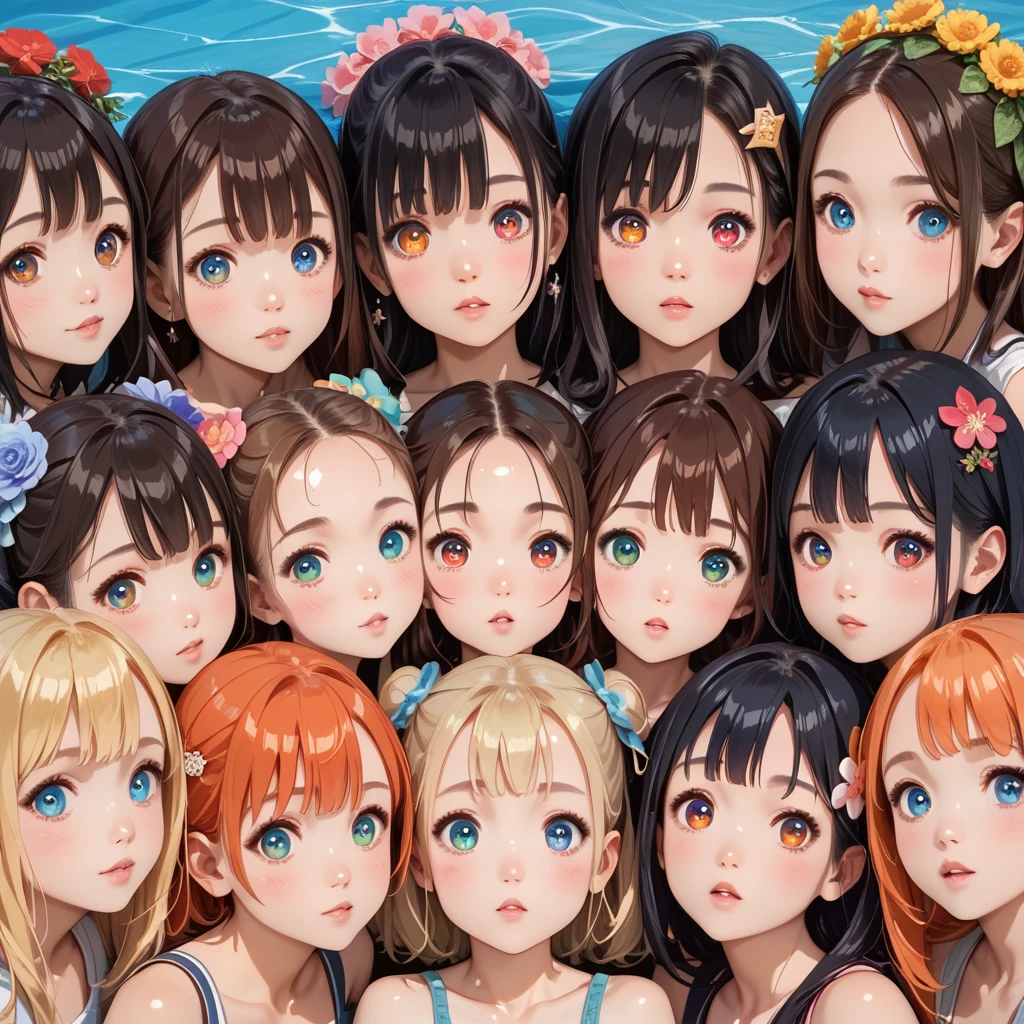 nsfw,score_9, score_8_up, score_7_up, high res image,masterpiece,best quality,girl,cute face,clear skin,shiny hair,ultra detailed eyes,flower hairpin,(6+girls:1.5),detailed hair,face close up,source realistic,