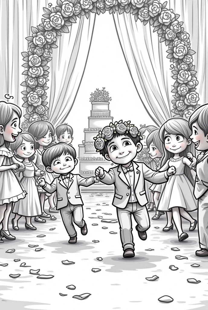 A line art for a children's coloring book with a Pixar-style wedding theme of children playing at a wedding