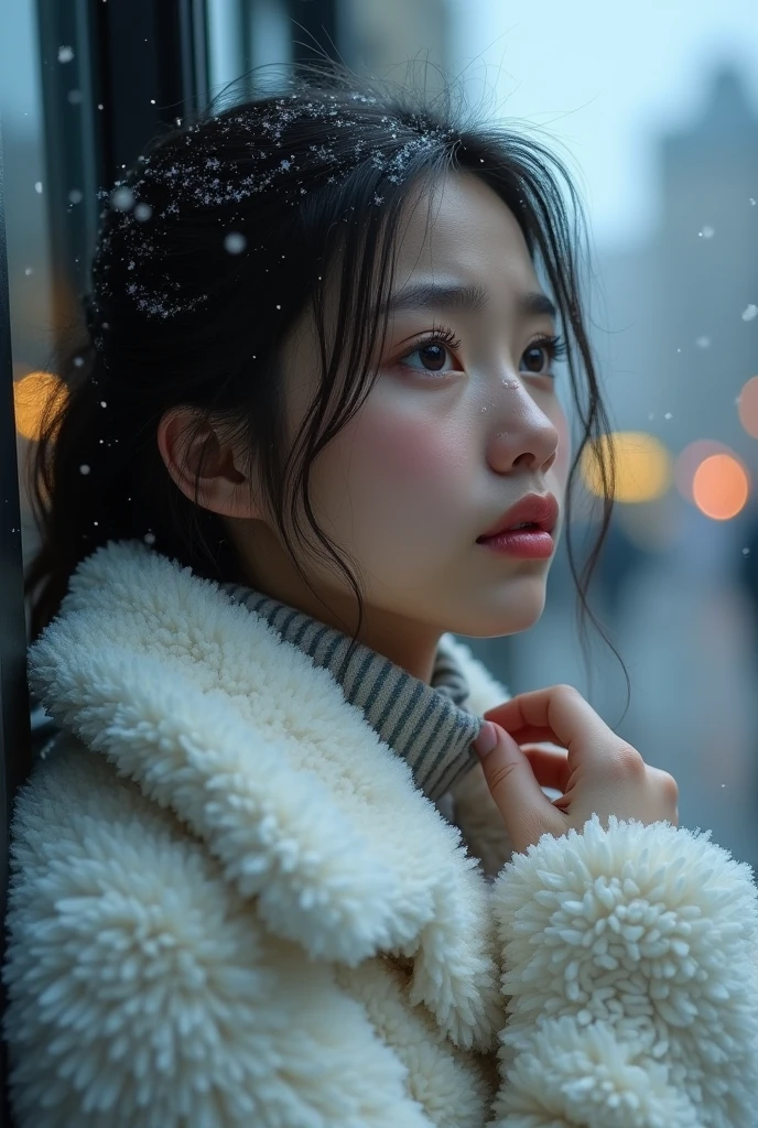 snow day In front of the bus stop Beauty woman Face close-up White coat Tears Crying quietly Natural Makeup I can see the cafe The face is hidden by hair turn up one's coat collar Looking up at the sky it's snowing Tear marks on cheeks White fluffy coat turn up one's coat collar Sad face